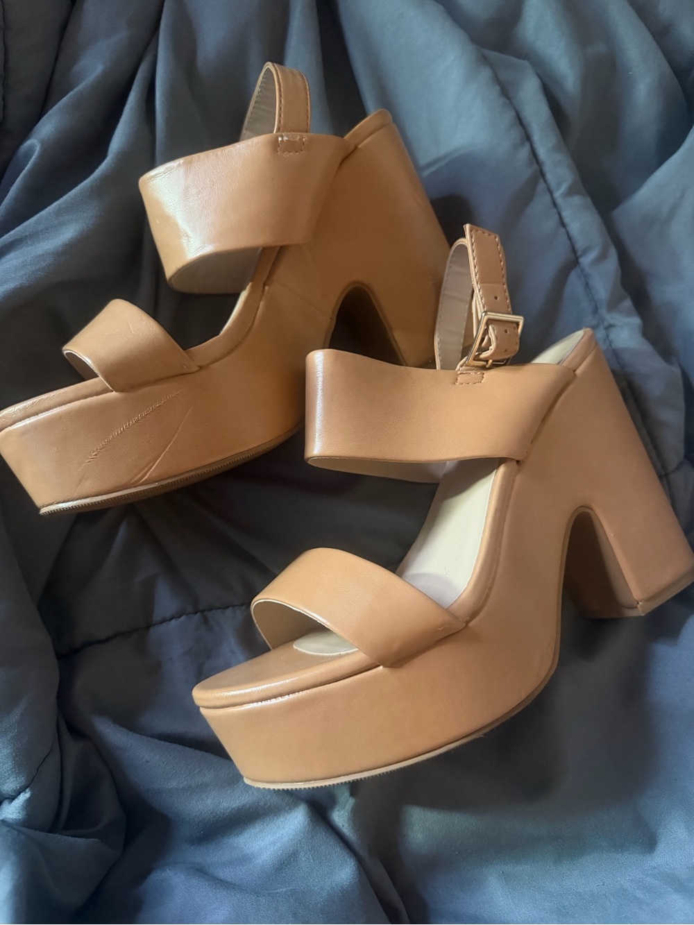 Soda Tan Platform Block Heel Sandals with Ankle Strap
